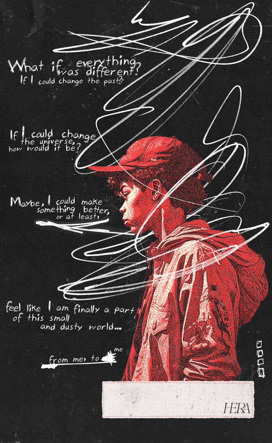 Collage poster of a boy in a red cap with handwritten lines about changing the past