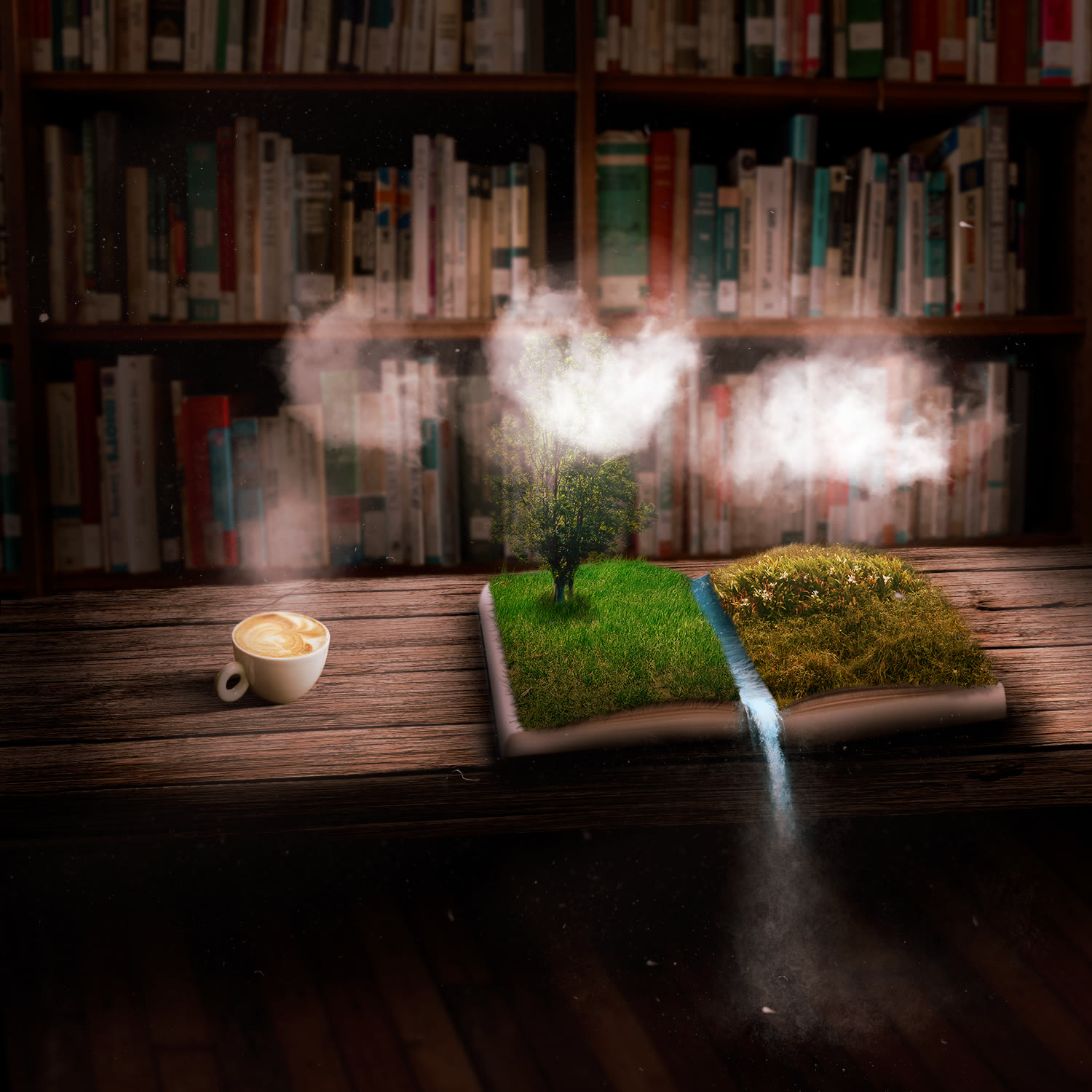 A cup of coffee beside an open book growing grass, a tree and a waterfall, in a library