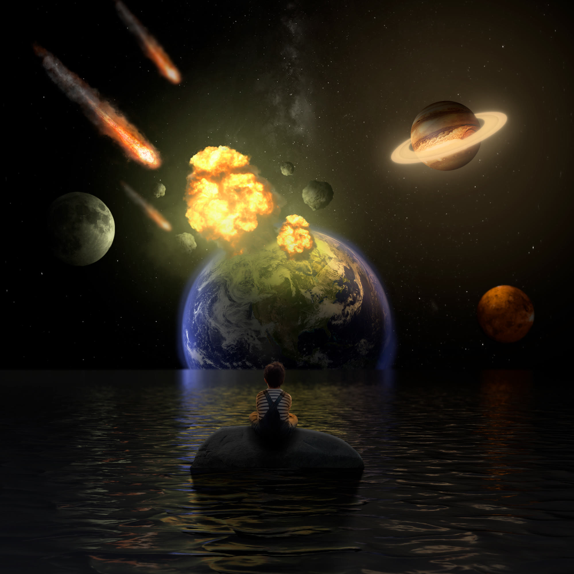 A child on a rock at sea watching comets hit the Earth, with planets in the sky