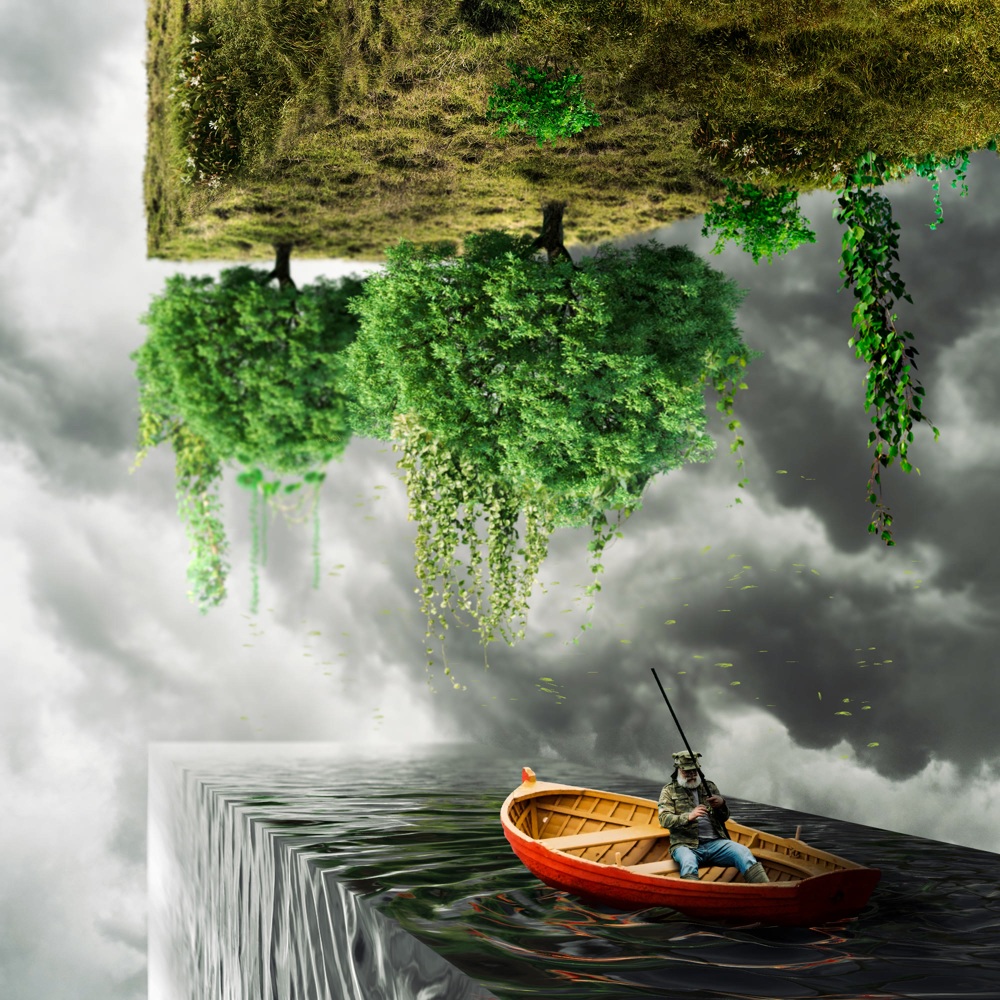 A man fishing from a red boat under a floating island covered in plants, above the clouds
