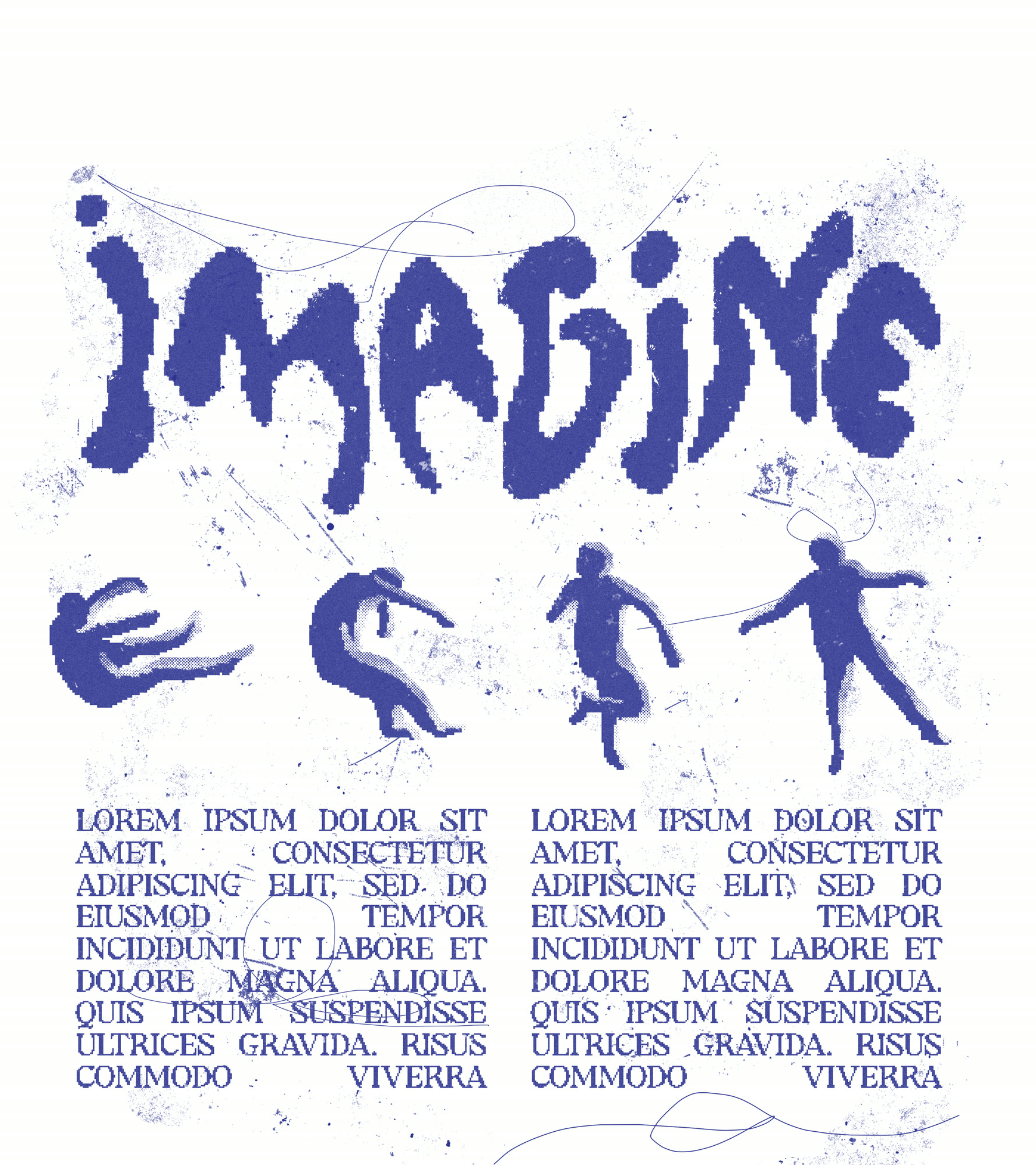 Poster with the word Imagine and dancing figures in blue ink
