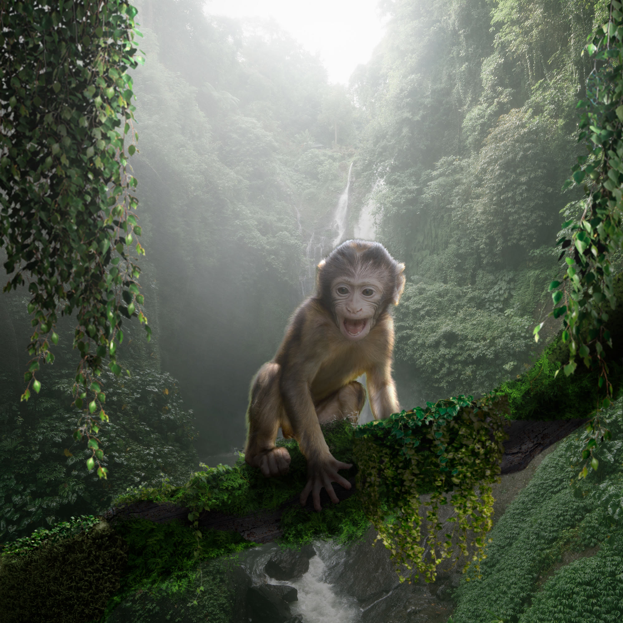 A monkey on a mossy branch in a misty jungle with a waterfall