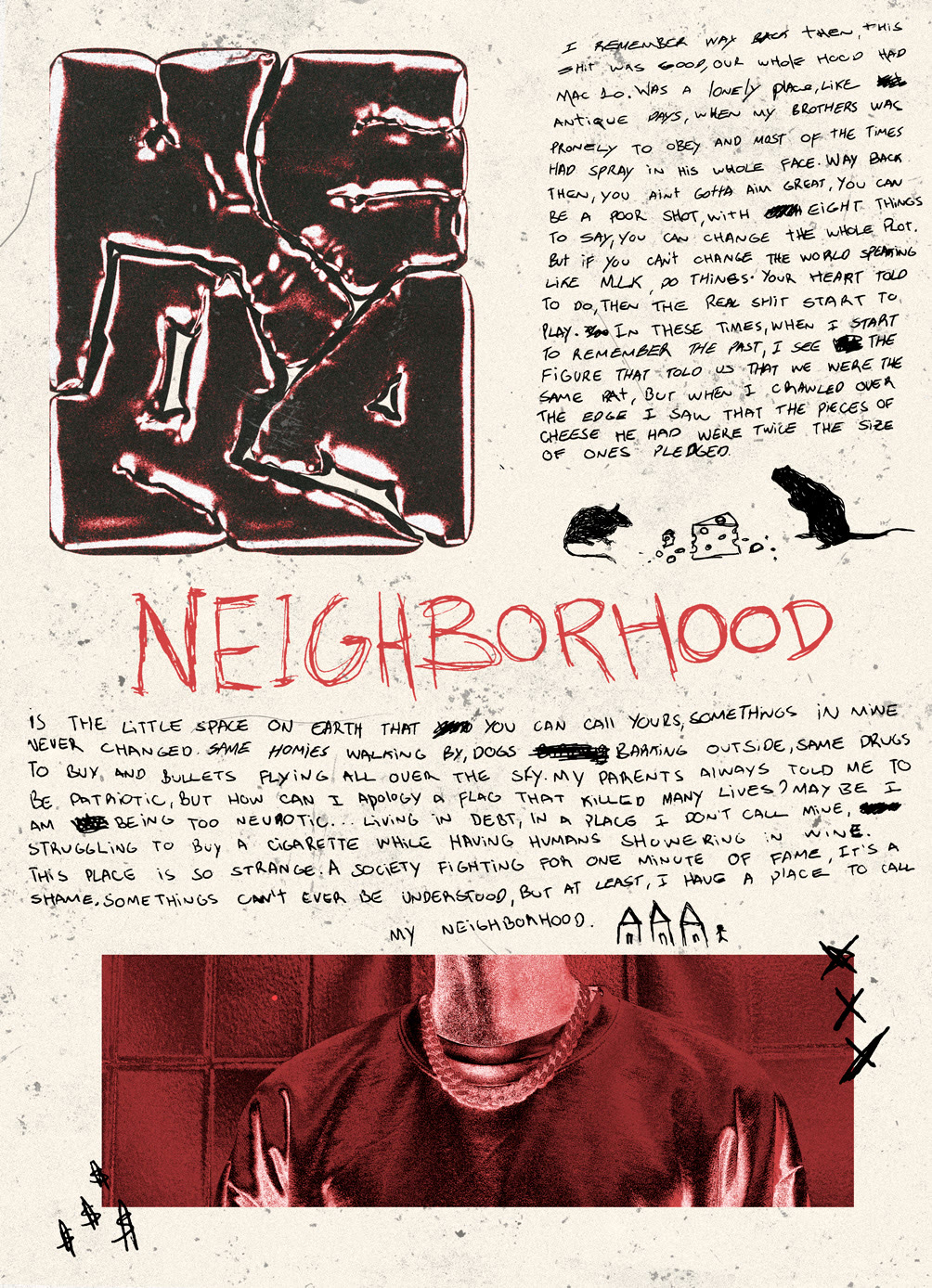 Poster titled Neighborhood with handwritten text and red and black prints
