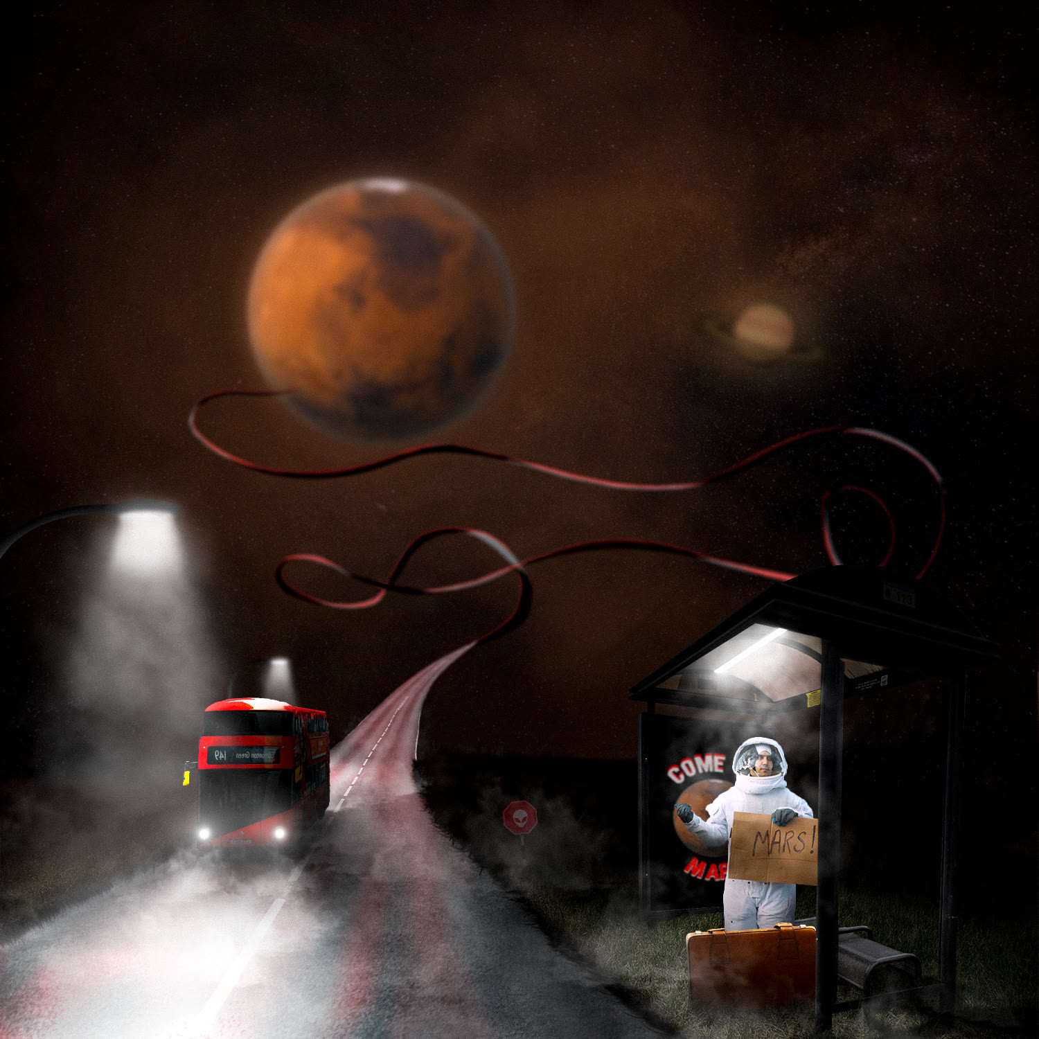 An astronaut holding a sign at a bus stop on a foggy road, with Mars in the sky