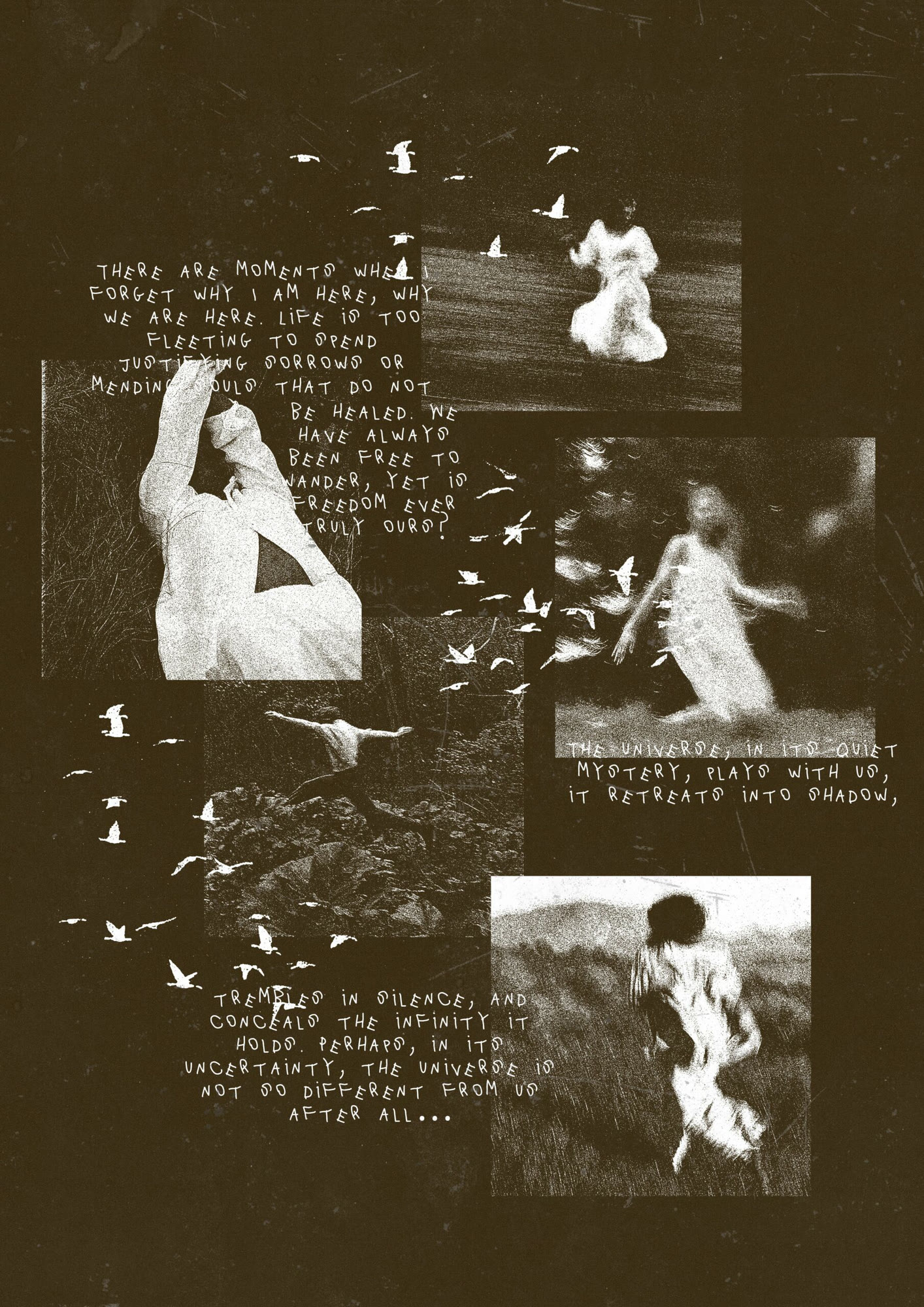 Collage poster of black and white photos of a woman and flying birds, with handwritten text