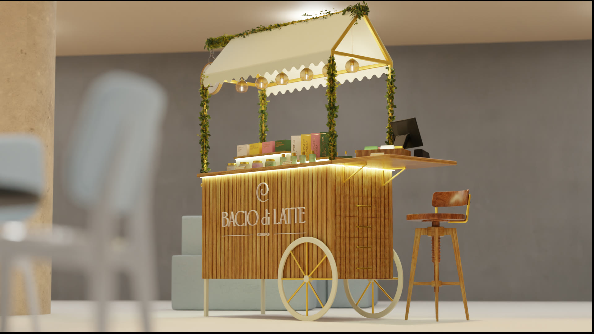 Bacio di Latte Corpo cart with a striped awning, in wood with LED lighting
