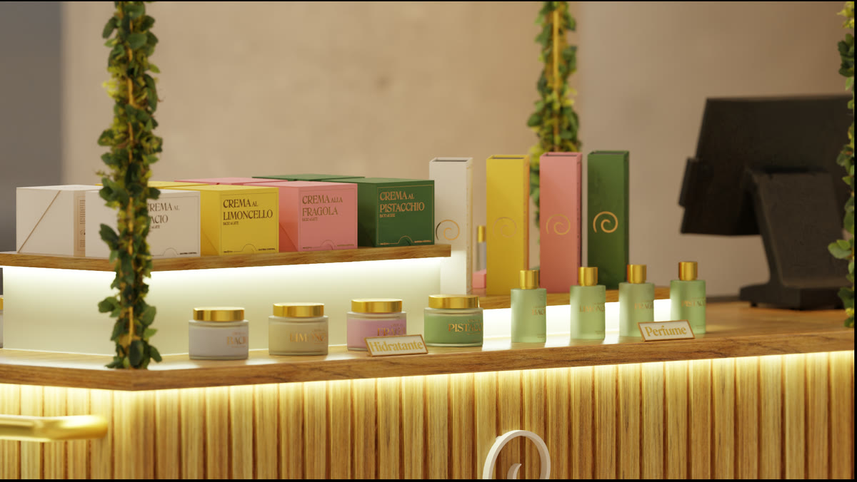 Counter with the product line on lit shelves