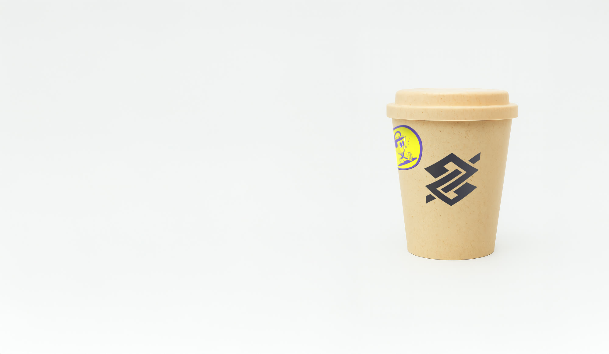 Kraft cup with the Banco do Brasil symbol and a mascot sticker
