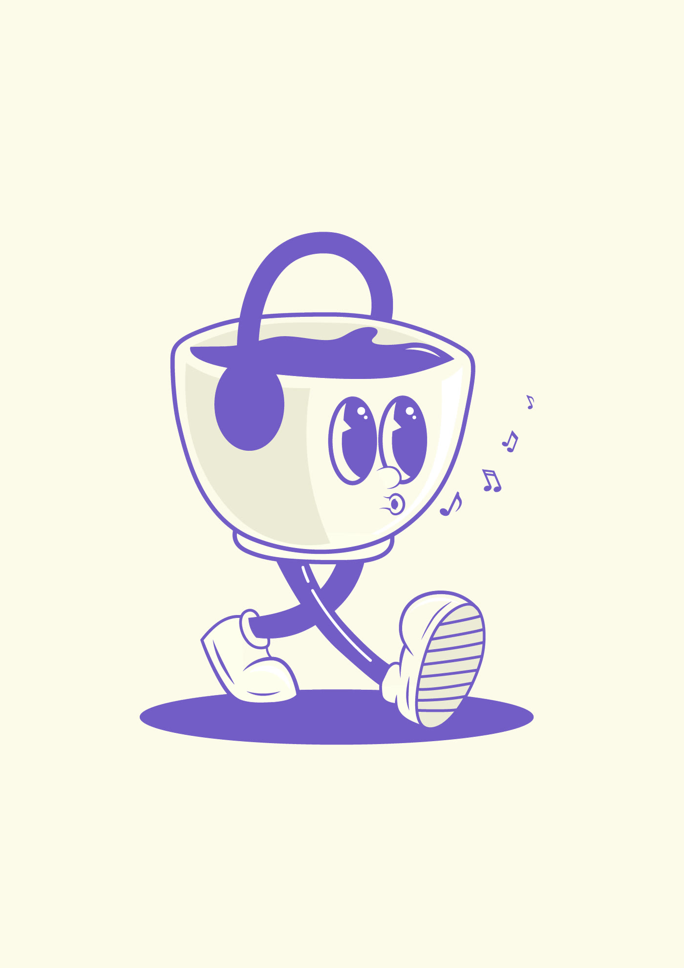 The mascot: a coffee cup with headphones, walking and whistling