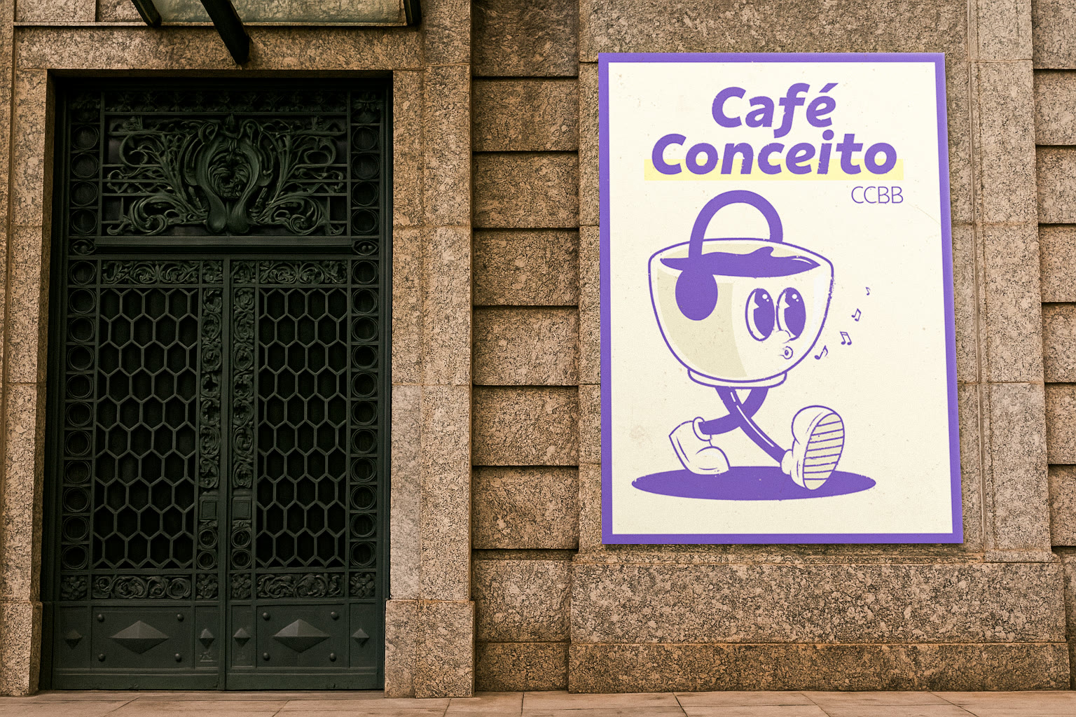The poster on a granite wall beside an ornate iron door