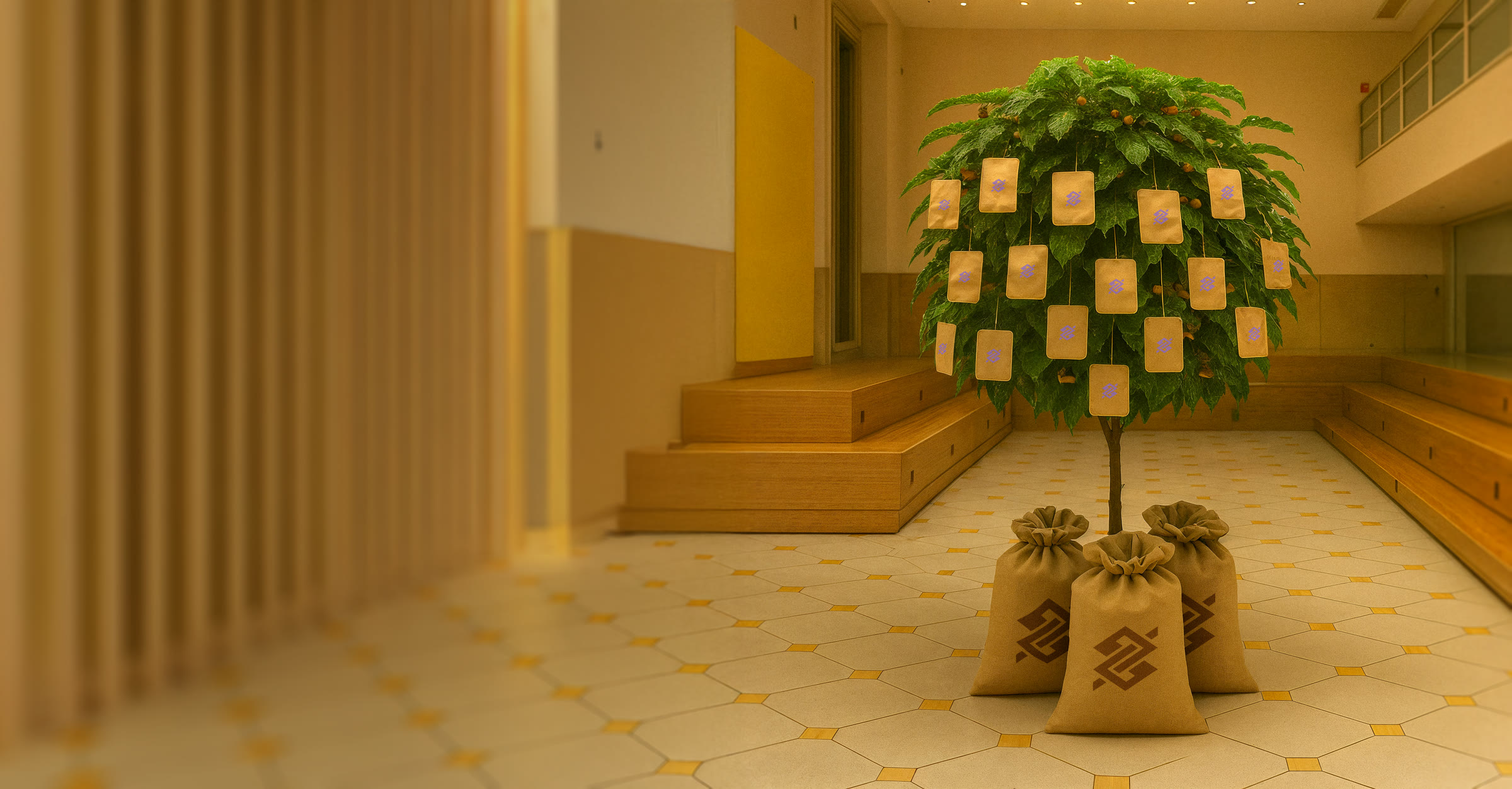 A small tree hung with drip coffee bags, with burlap sacks marked with the Banco do Brasil symbol