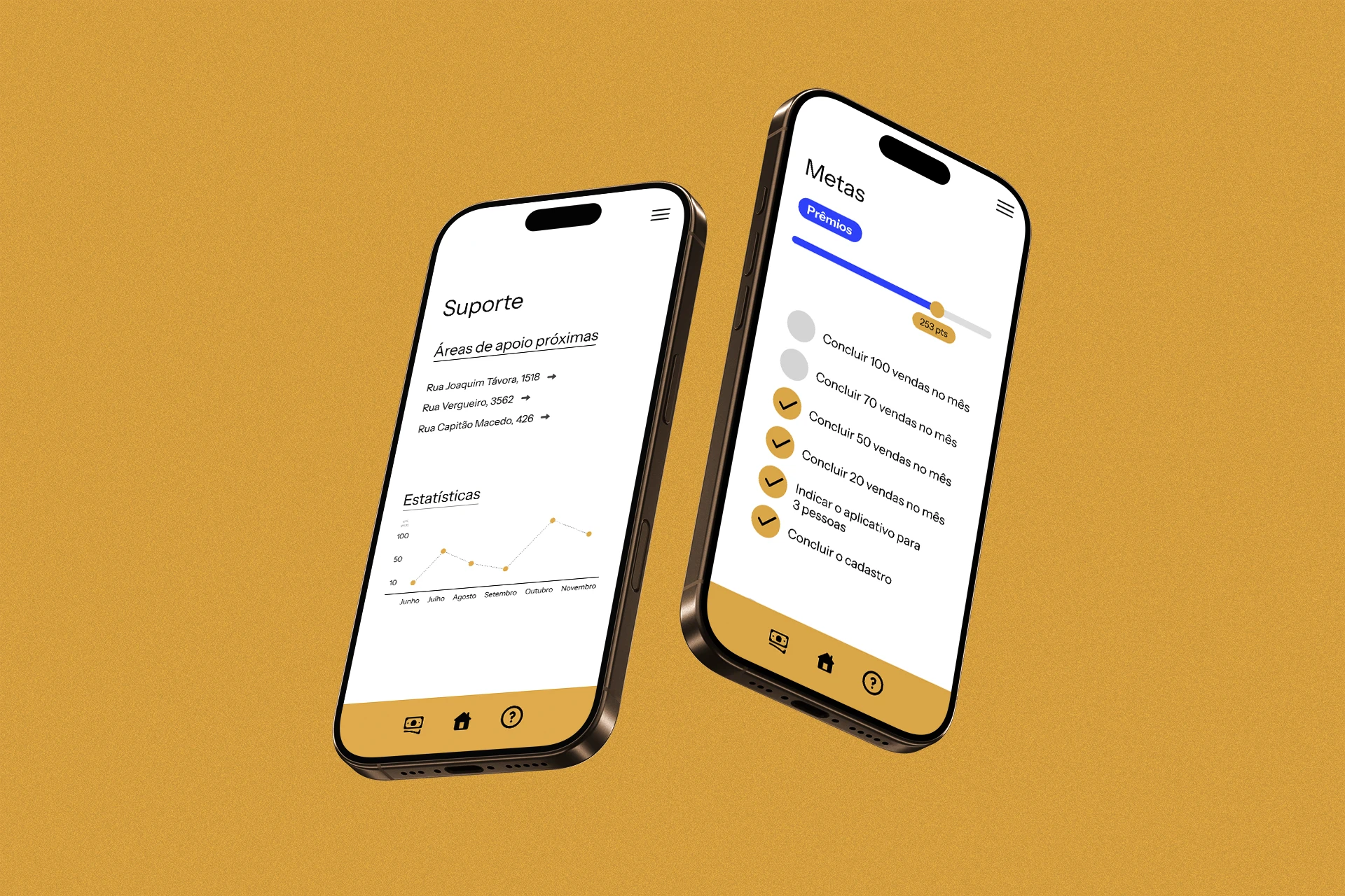 Two phones showing the app's Support and Goals screens