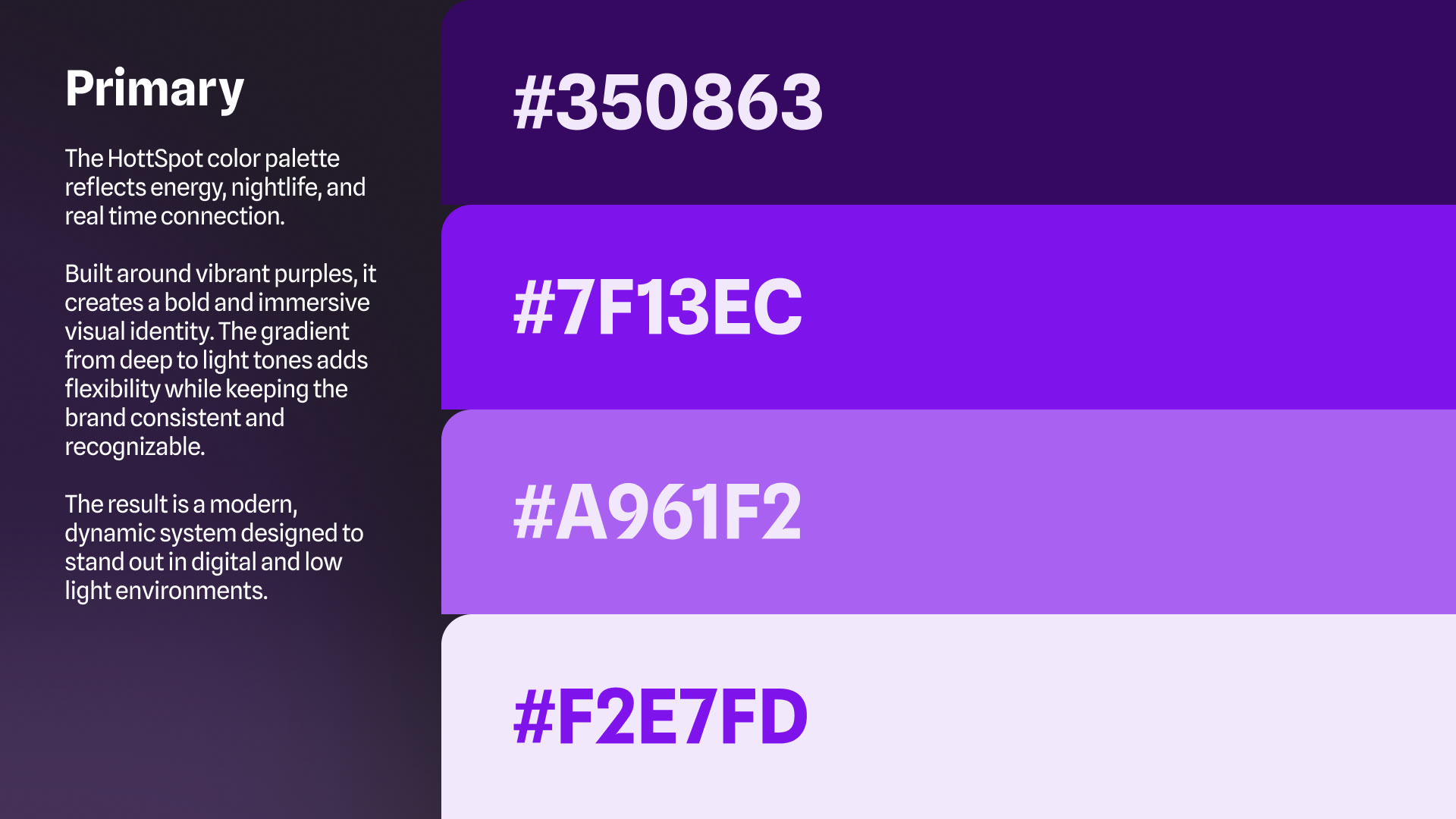 Primary palette: #350863, #7F13EC, #A961F2 and #F2E7FD