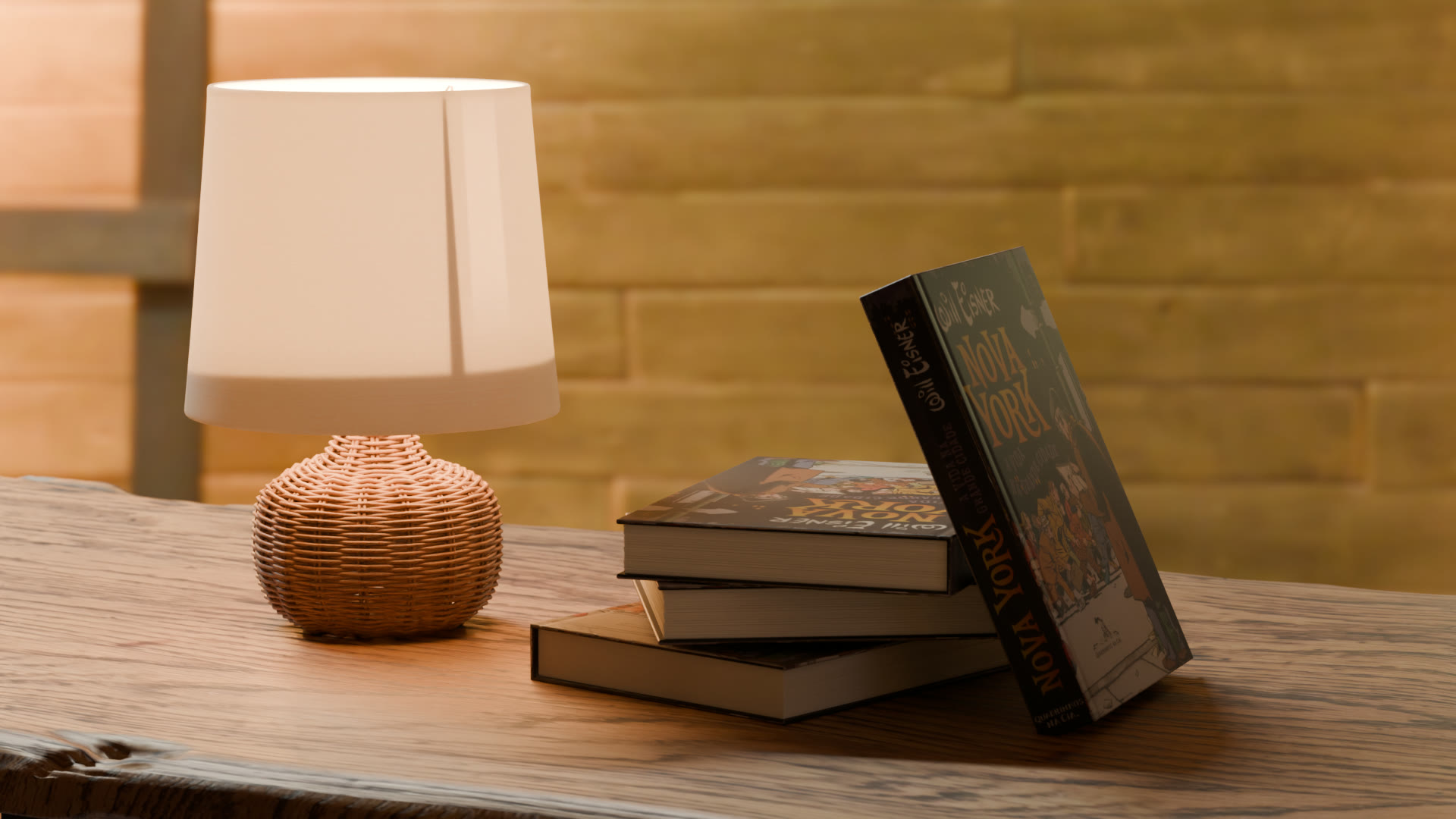 A stack of illustrated paperbacks beside a wicker lamp, against a brick wall