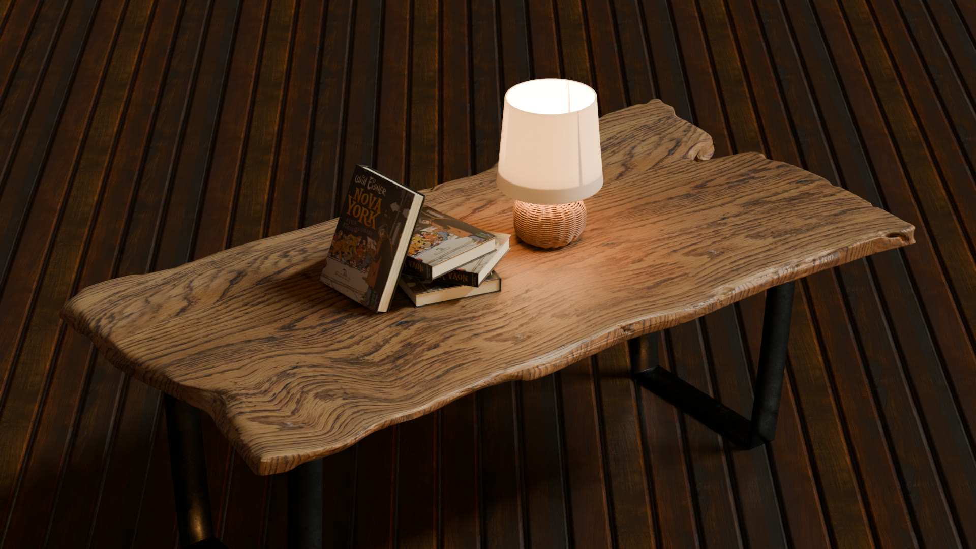 Paperbacks and a lamp on a rustic live-edge table