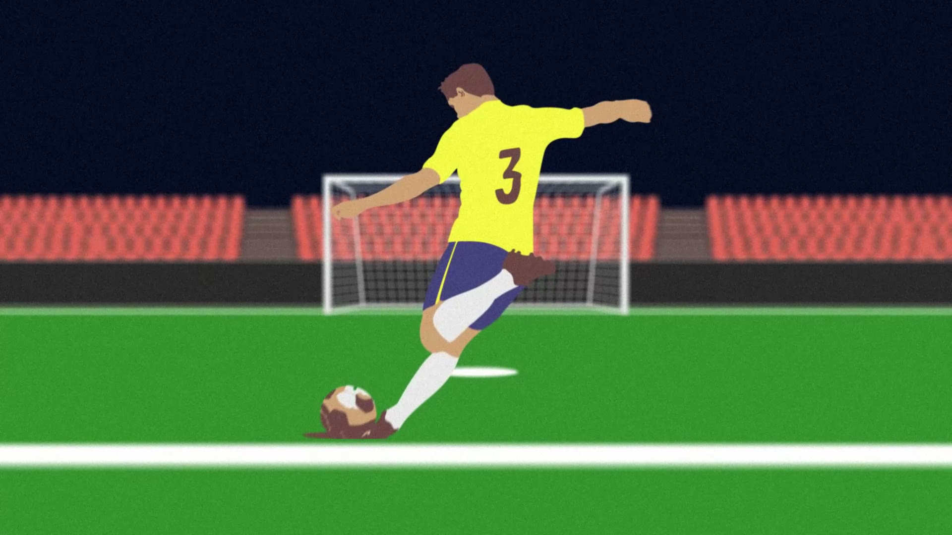 Illustrated player about to kick the ball in front of the goal