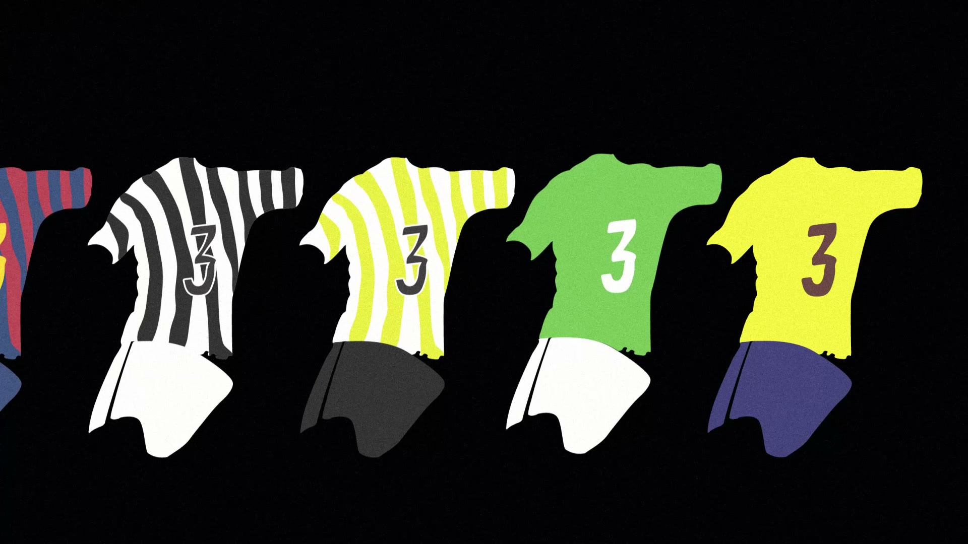 A row of shirts in the colors of different teams