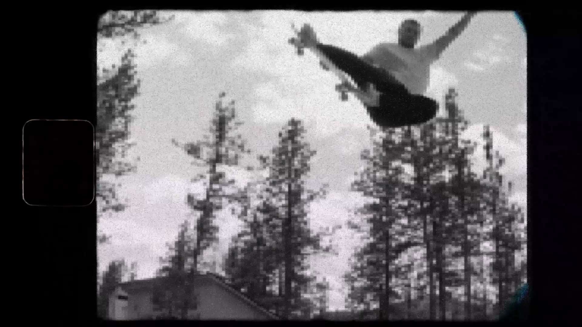Black and white shot of a skater in the air against pine trees