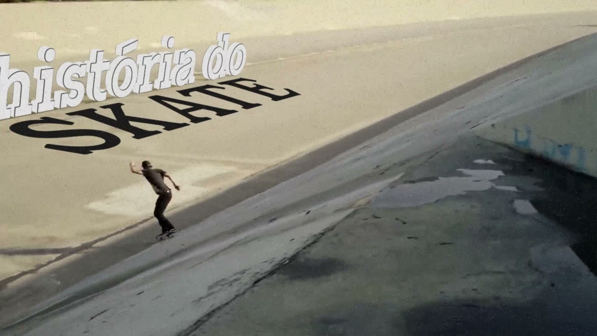 The 3D title "história do skate" (history of skateboarding) on a concrete slope