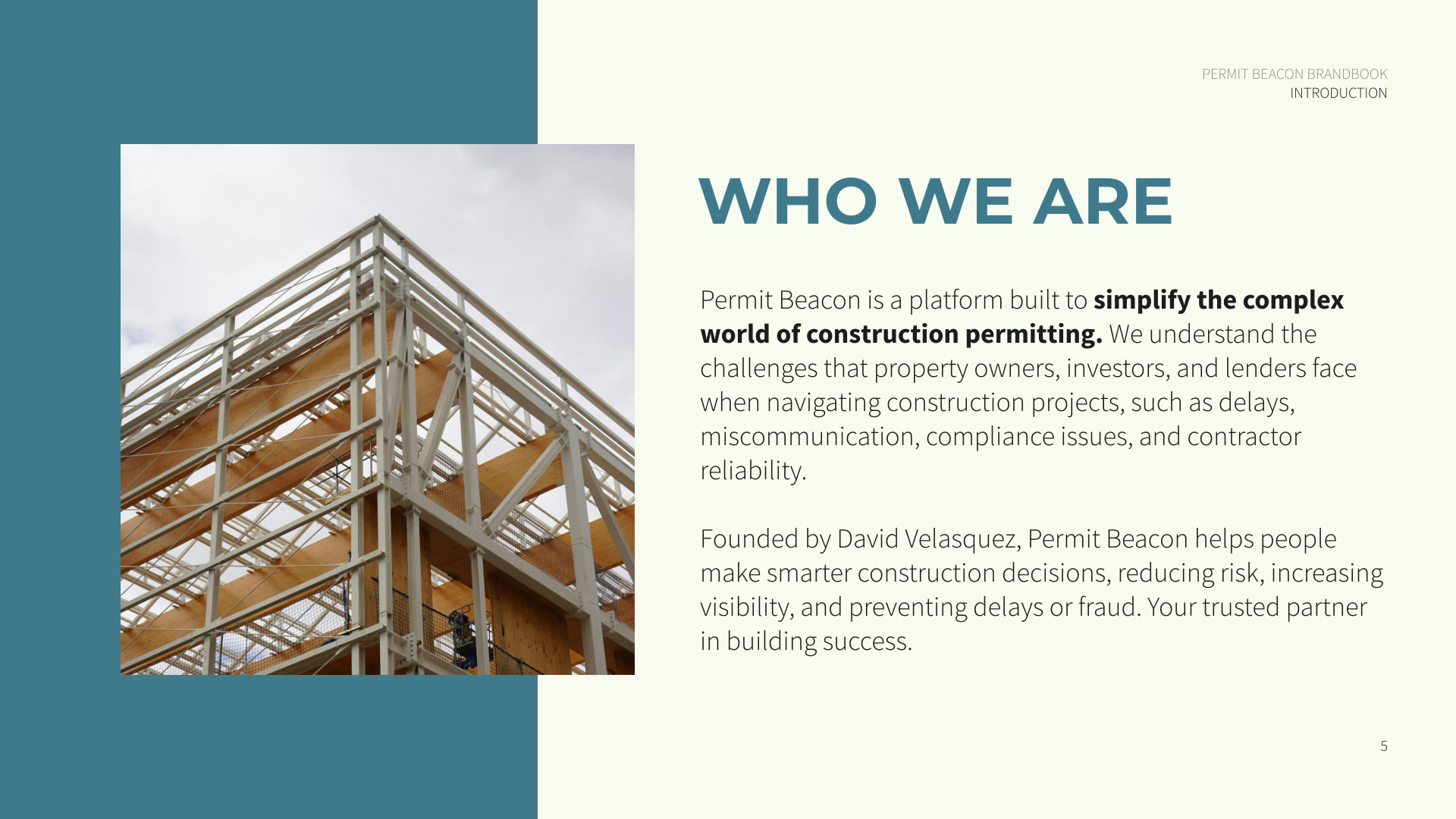 Who we are page with a timber frame under construction