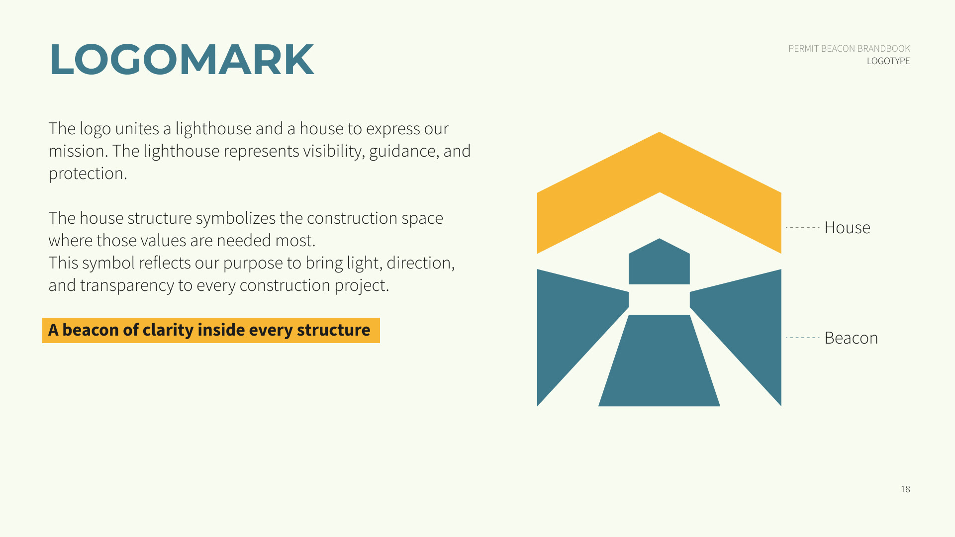 The logomark: a lighthouse inside the shape of a house, in navy, steel blue and brass