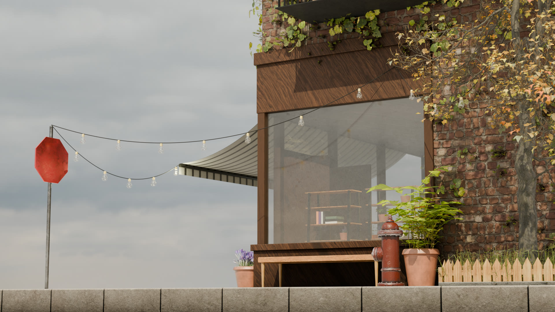 Café window with string lights, plants and a fire hydrant