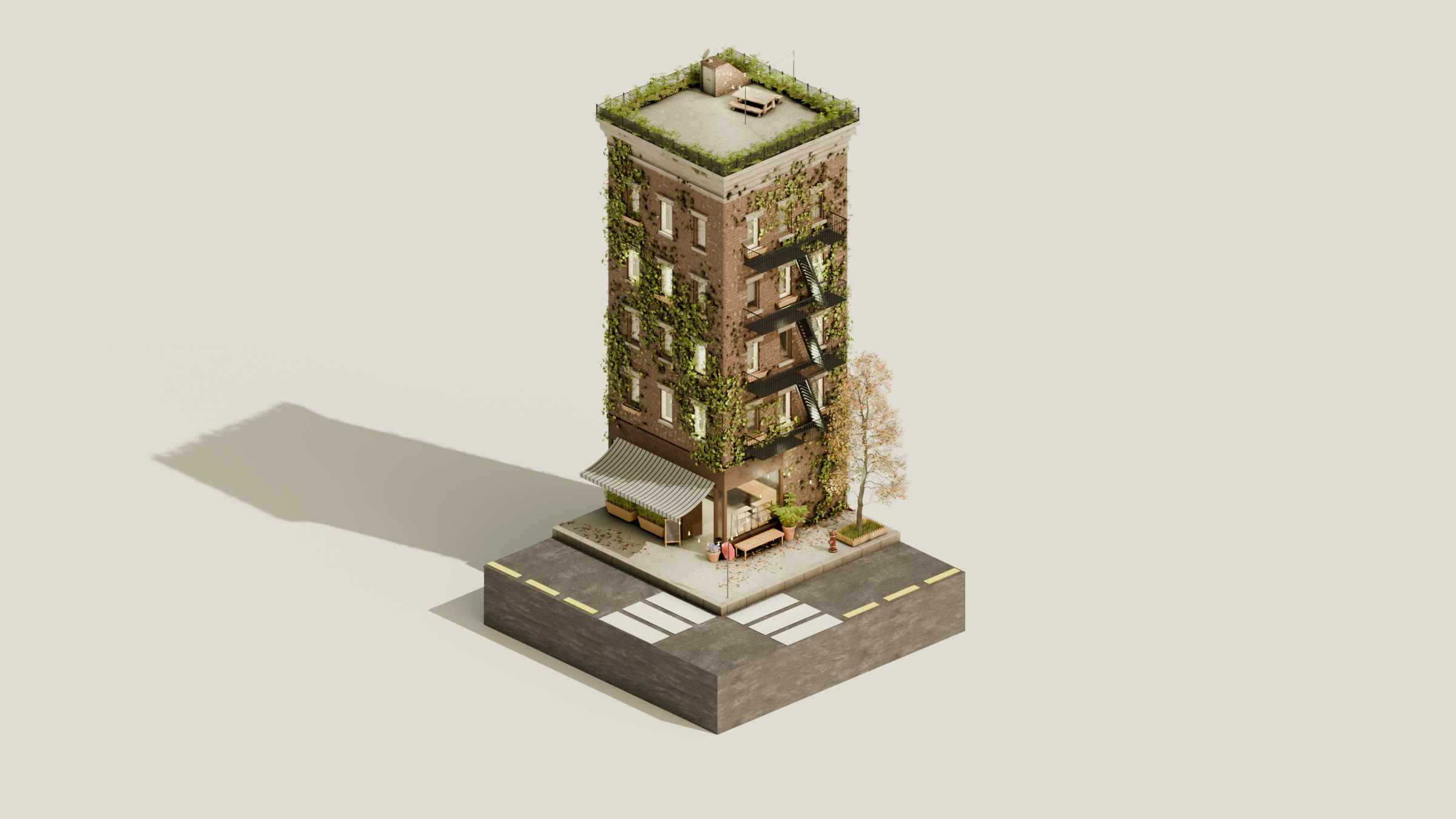 Isometric view of a narrow brick building wrapped in ivy, on a street corner