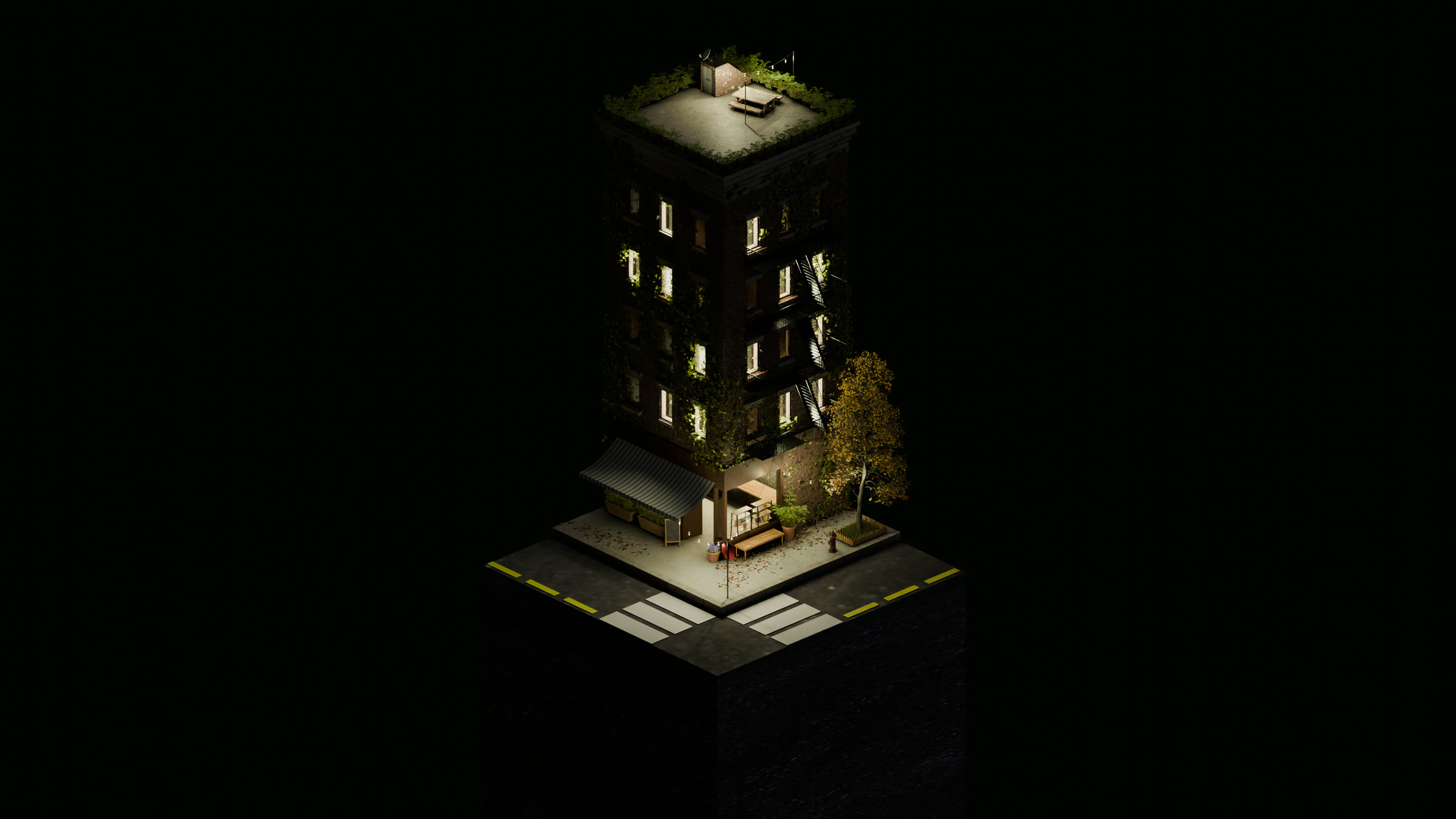 Isometric view of the building at night on a black background