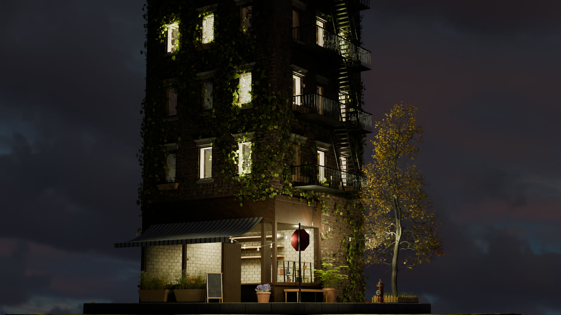 The building at night, with lit windows