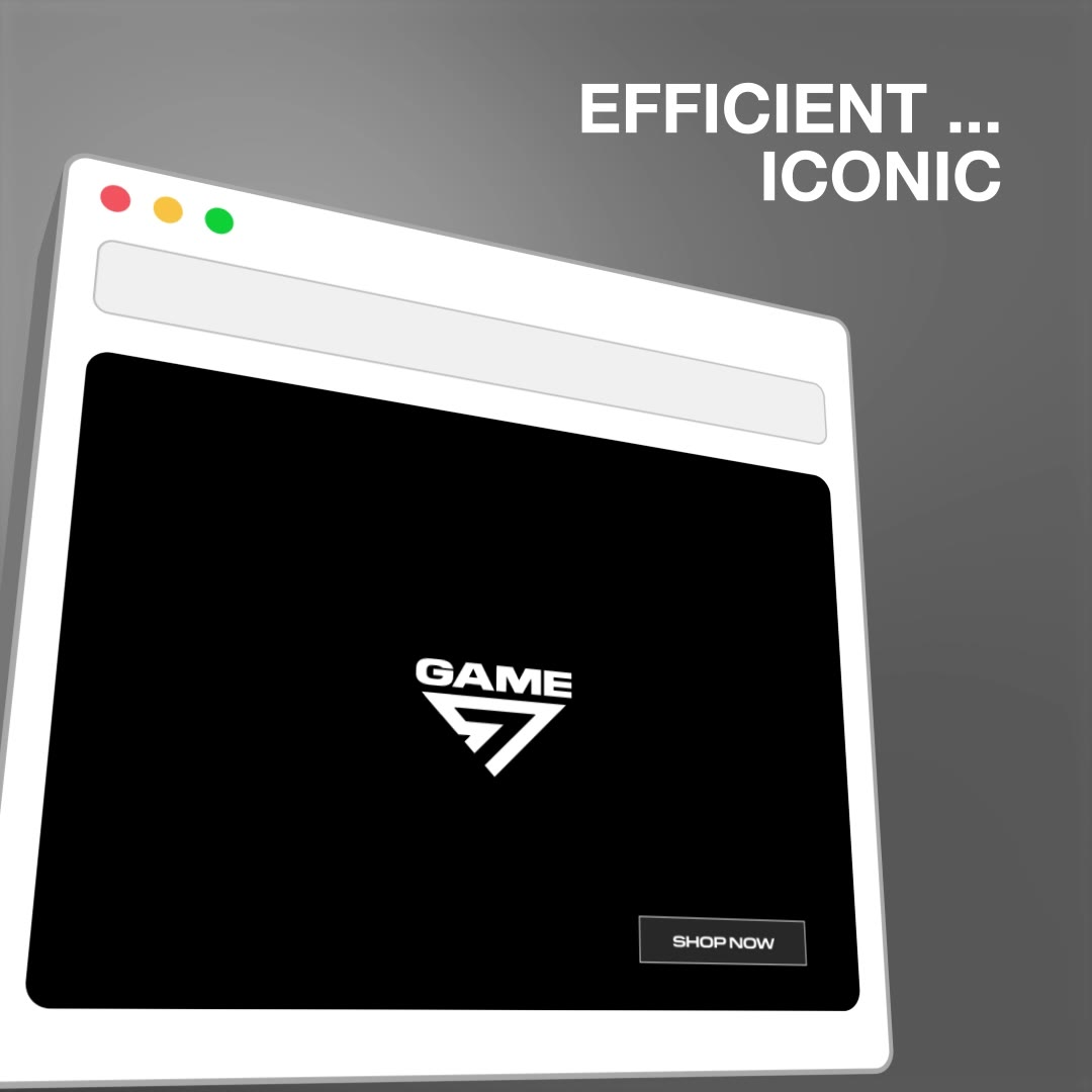 3D browser showing the Game 7 website, with the words Efficient, Iconic